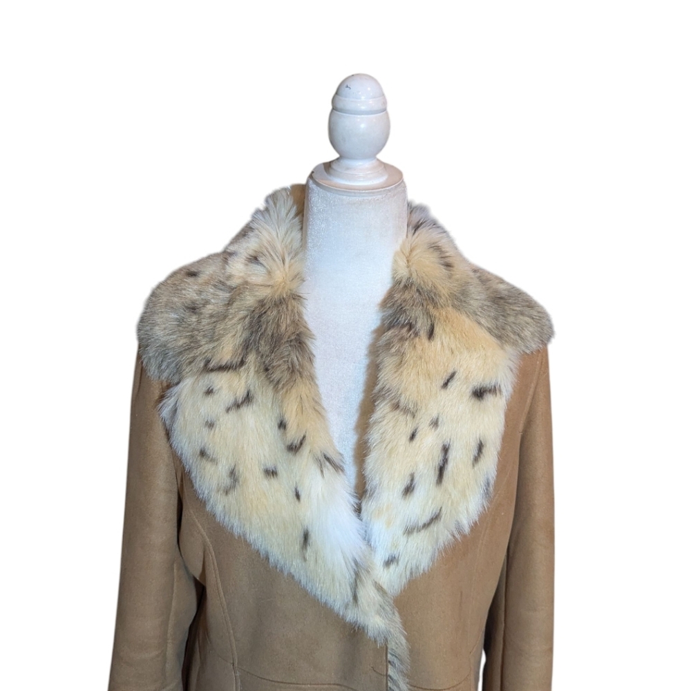 Vtg Y2K Talbots Penny Lane Tan Faux Sherpa Suede/Snow Leopard Fur Lined Coat - Picture 4 of 11